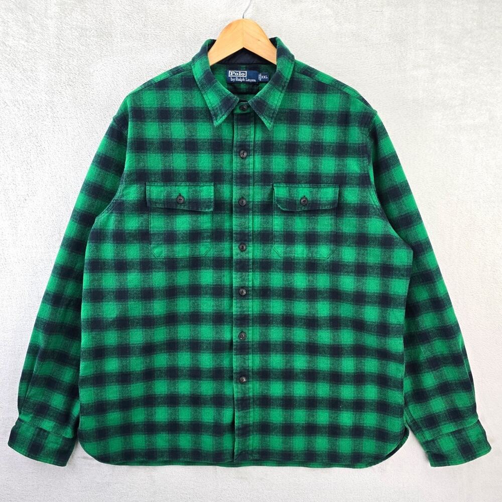 Vtg Polo Ralph Lauren Haevy Flannel Shirt Mens XXL Green Buffalo Shadow Plaid